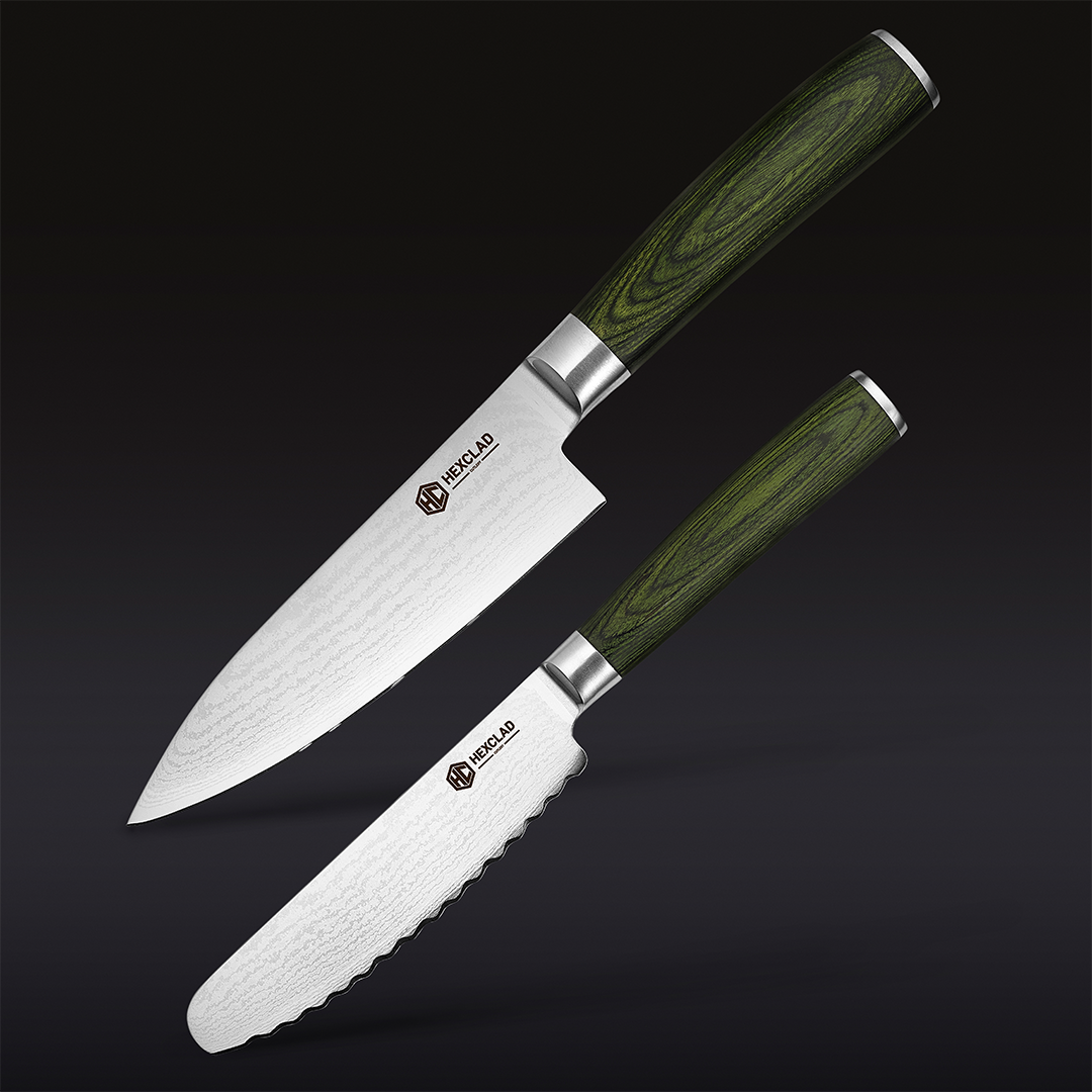 Damascus Steel Starter Knife Set 2-pc (Green)