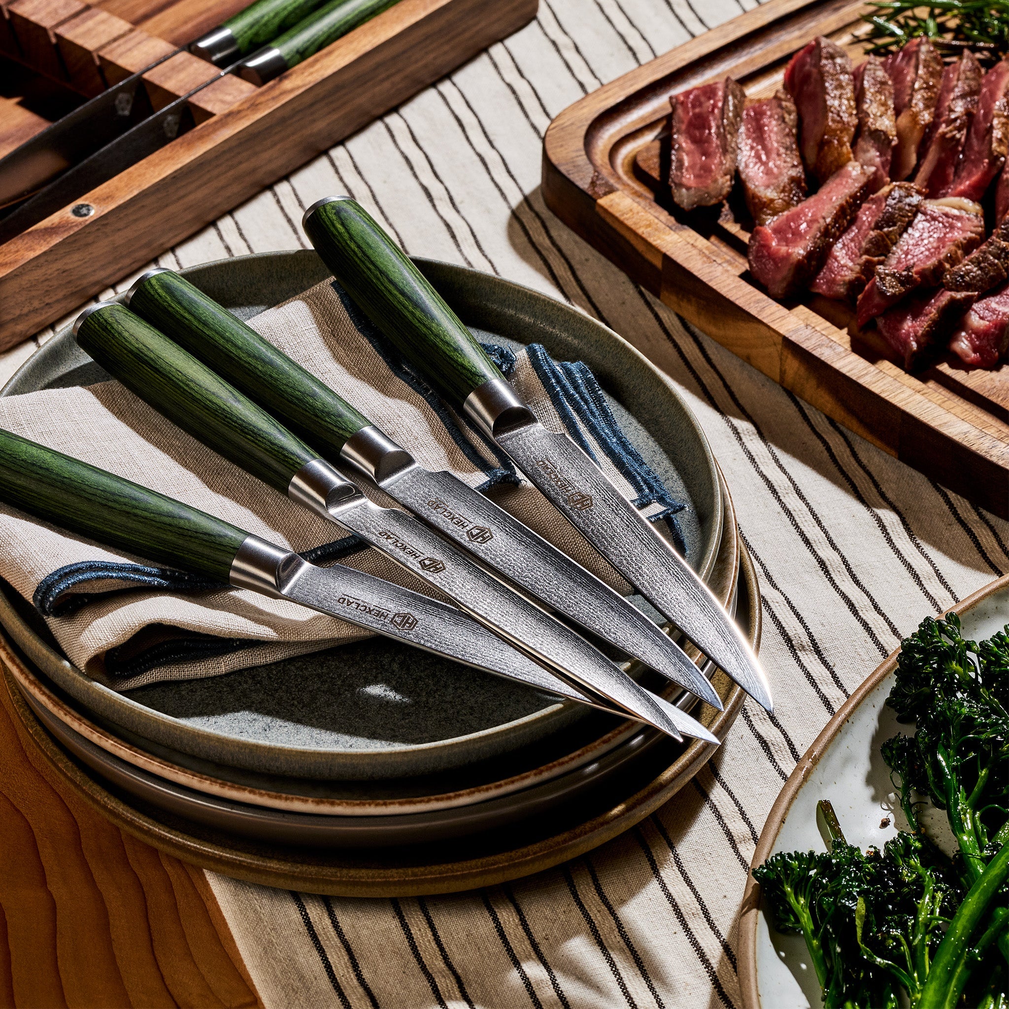 Damascus Steel Steak Knife Set 8-pc (Green)