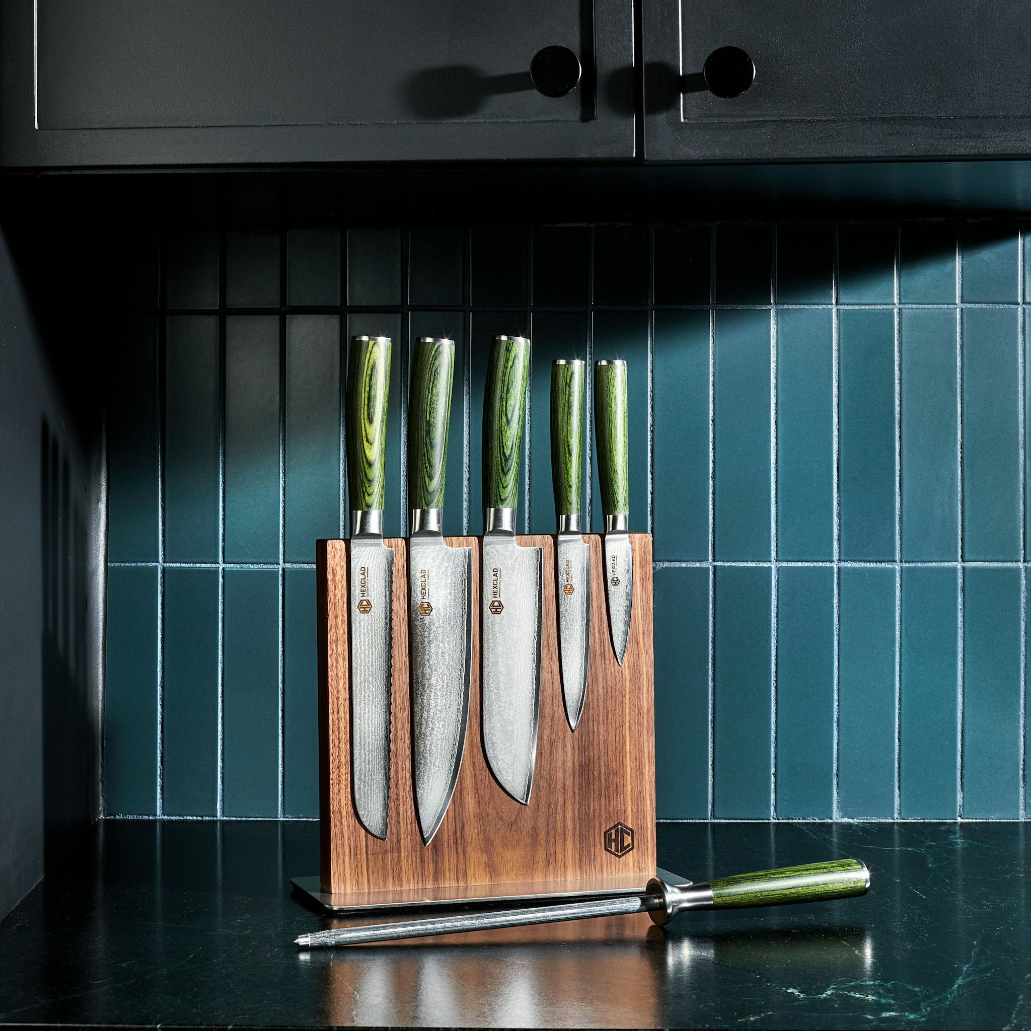Damascus Steel Knife Set 7-pc (Green)