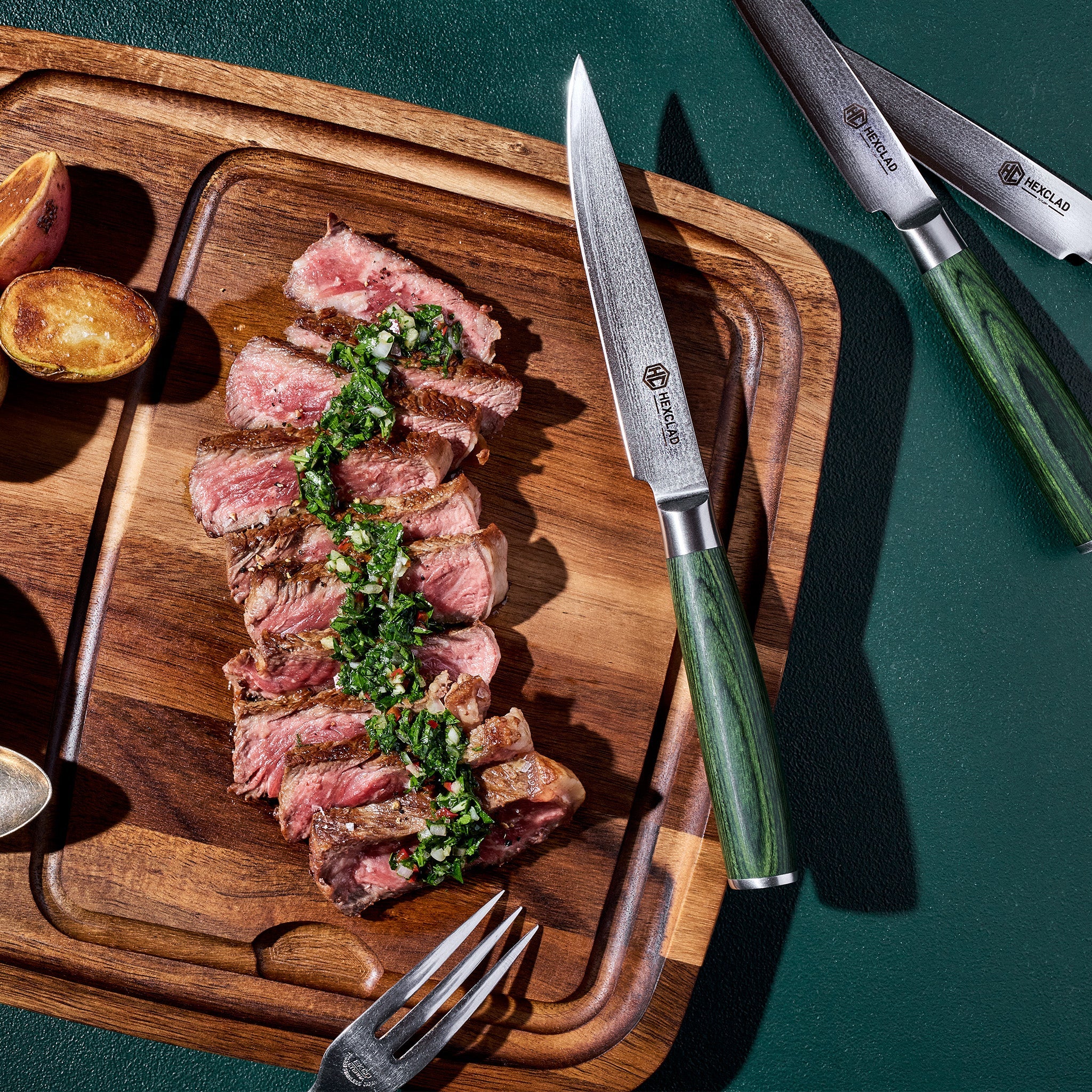 Damascus Steel Steak Knife Set 8-pc (Green)